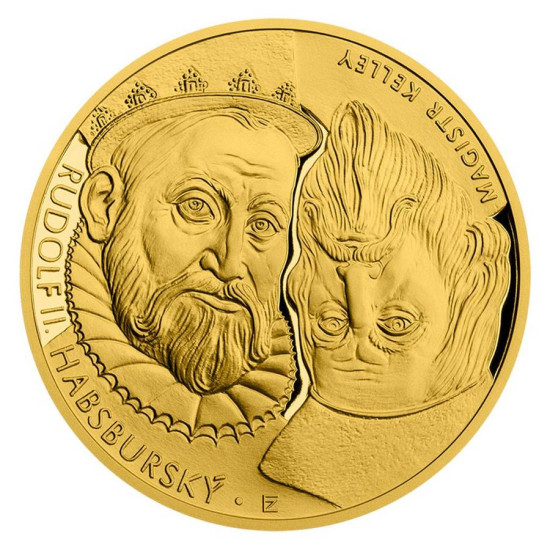 Zlatá investiční mince Rudolf II. Habsburský a Magistr Kelley proof 2 Oz